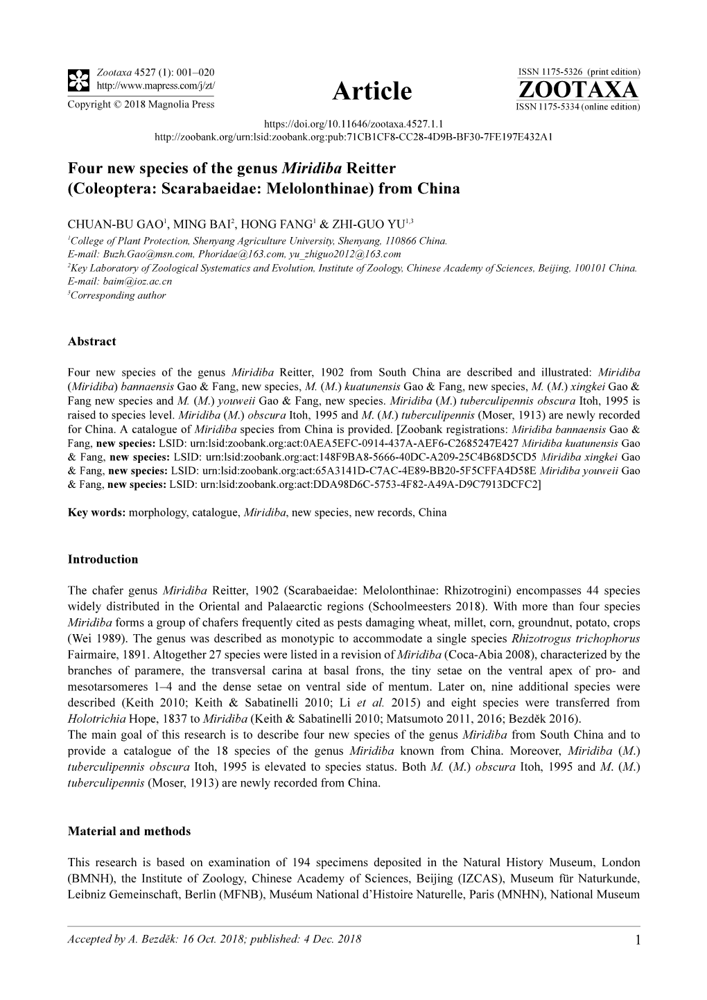 Four New Species of the Genus Miridiba Reitter (Coleoptera: Scarabaeidae: Melolonthinae) from China