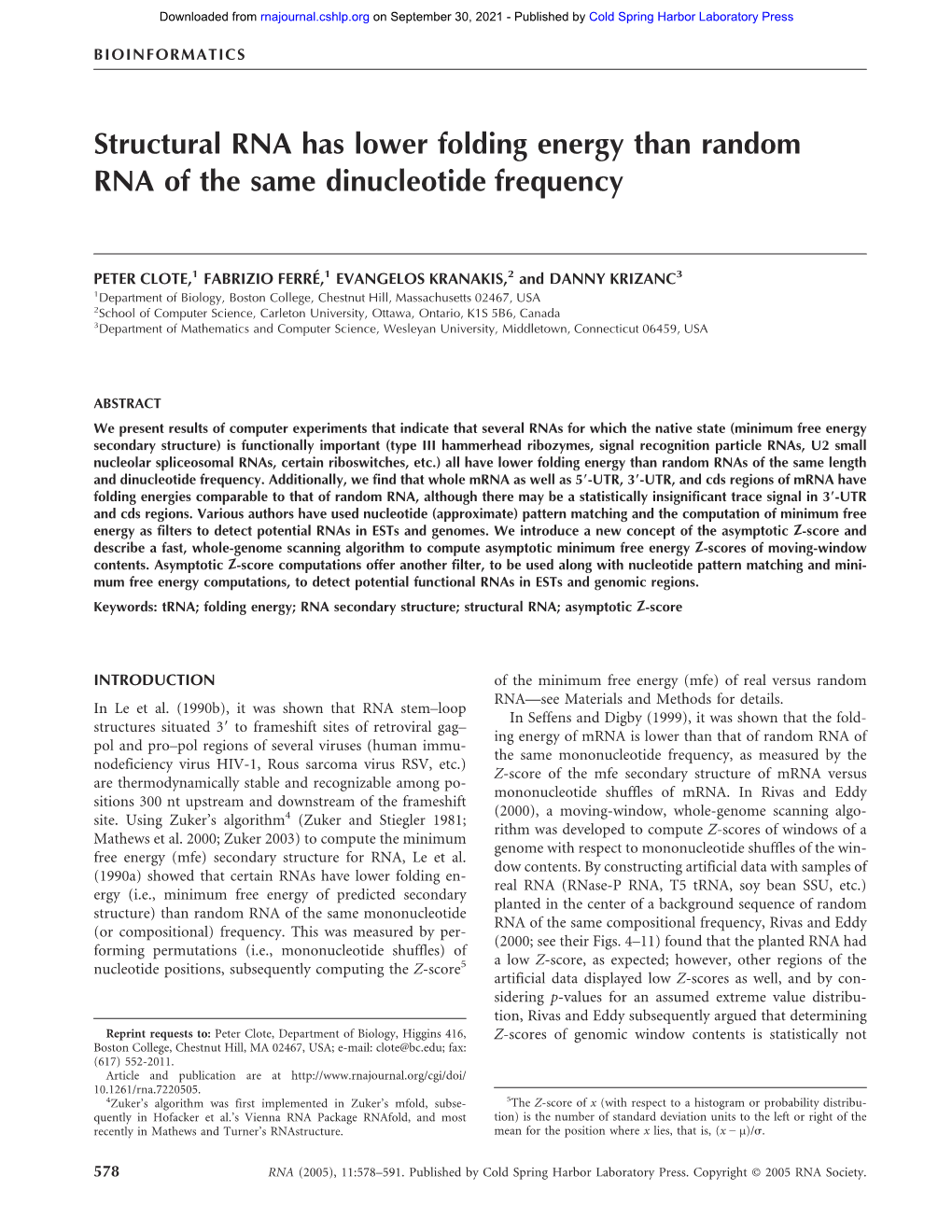 Structural RNA Has Lower Folding Energy Than Random RNA of the Same Dinucleotide Frequency