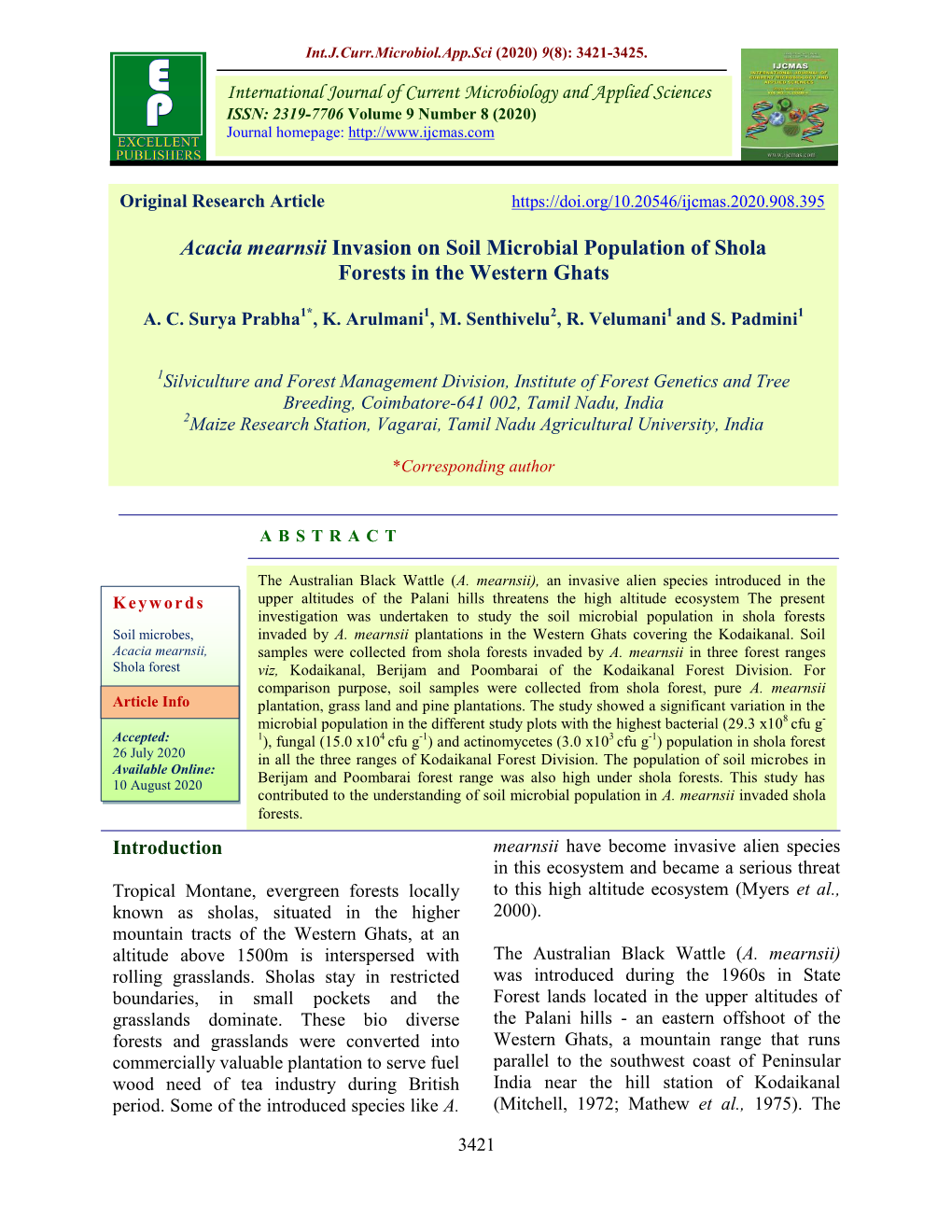 Acacia Mearnsii Invasion on Soil Microbial Population of Shola Forests in the Western Ghats