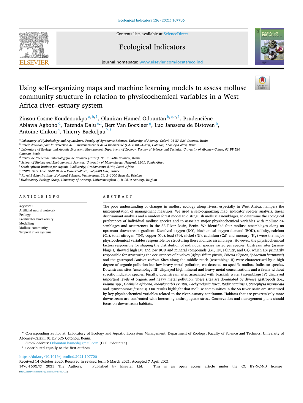 Organizing Maps and Machine Learning Models to Assess Mollusc Community Structure in Relation to Physicochemical Variables in a West Africa River–Estuary System