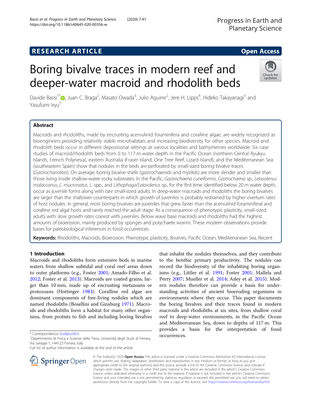 Boring Bivalve Traces in Modern Reef and Deeper-Water Macroid and Rhodolith Beds Davide Bassi1* , Juan C