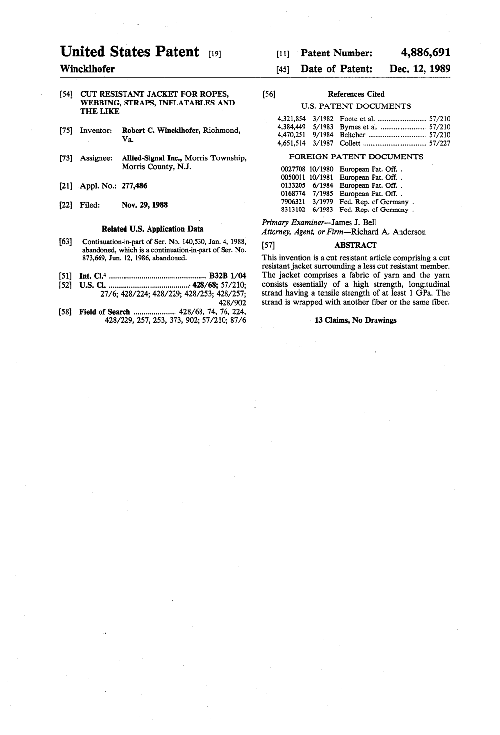 United States Patent (19) 11 Patent Number: 4,886,691 Winckhofer (45) Date of Patent: Dec