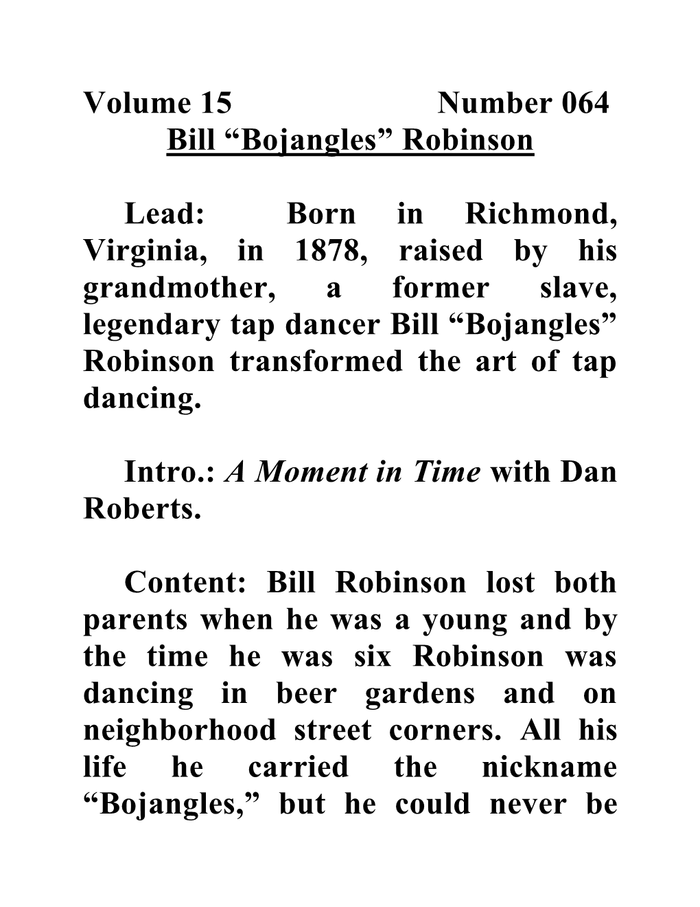 Volume 15 Number 064 Bill “Bojangles” Robinson Lead