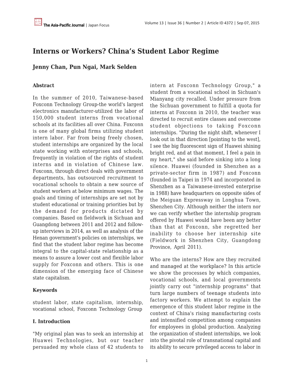 Interns Or Workers? China’S Student Labor Regime