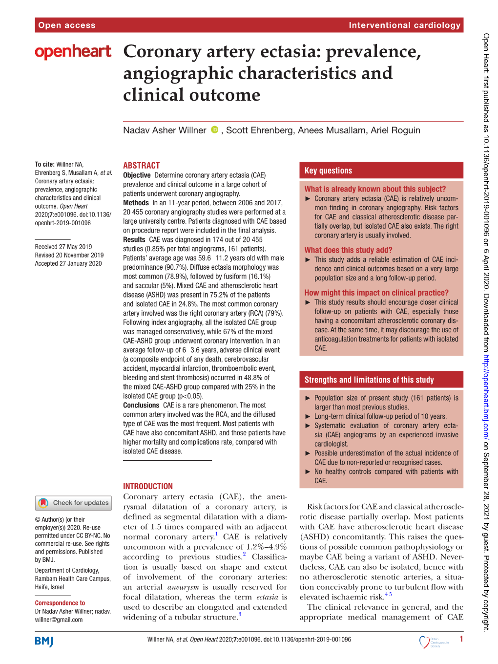 Coronary Artery Ectasia: Prevalence, Angiographic Characteristics and Clinical Outcome