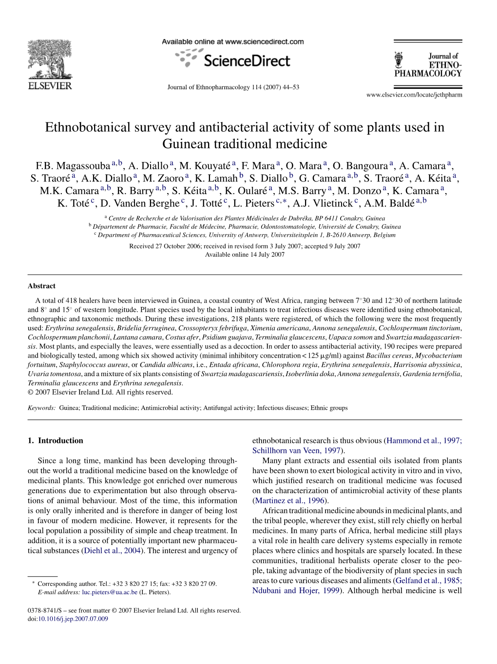 Ethnobotanical Survey and Antibacterial Activity of Some Plants Used in Guinean Traditional Medicine F.B