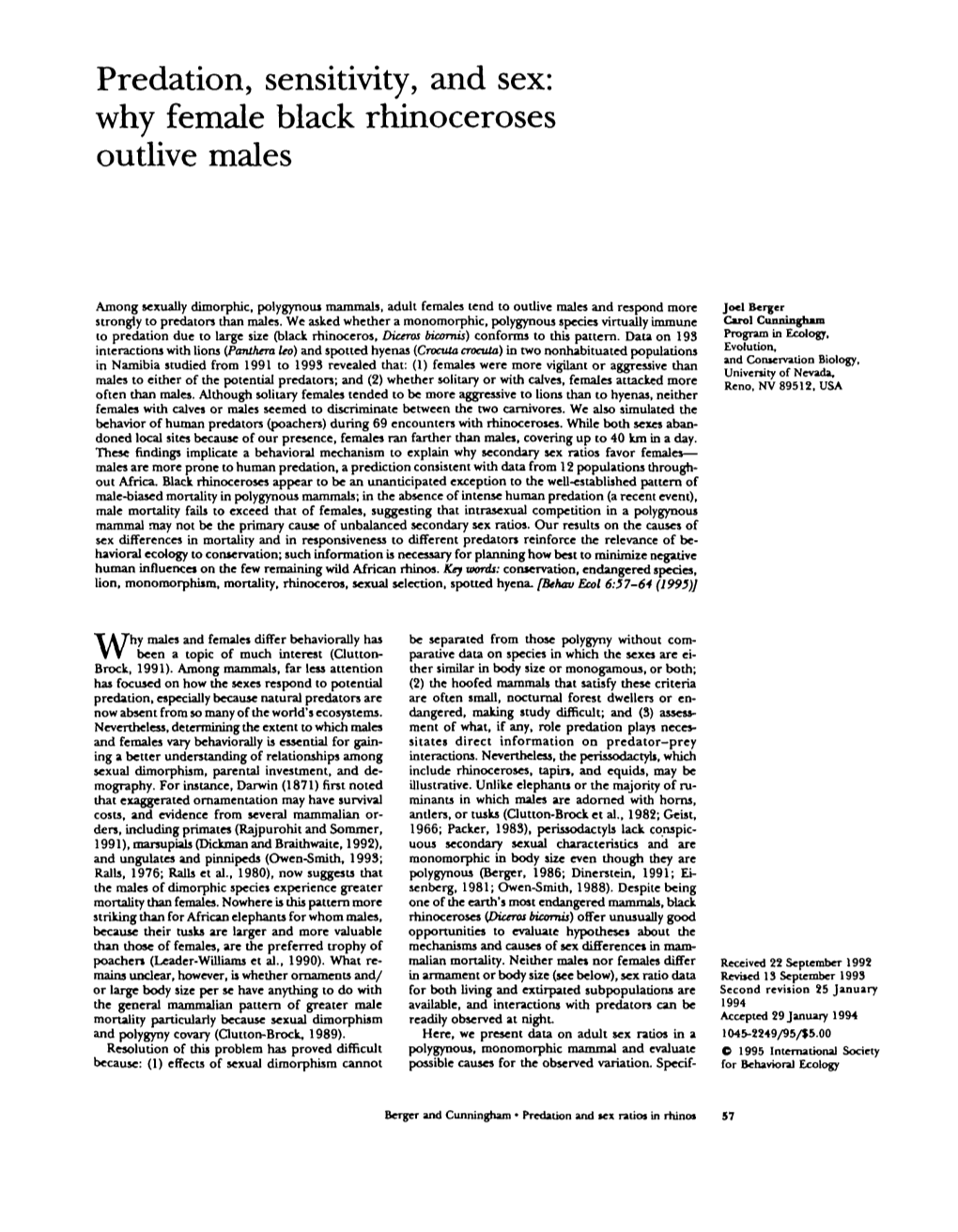 Predation, Sensitivity, and Sex: Why Female Black Rhinoceroses Outlive Males