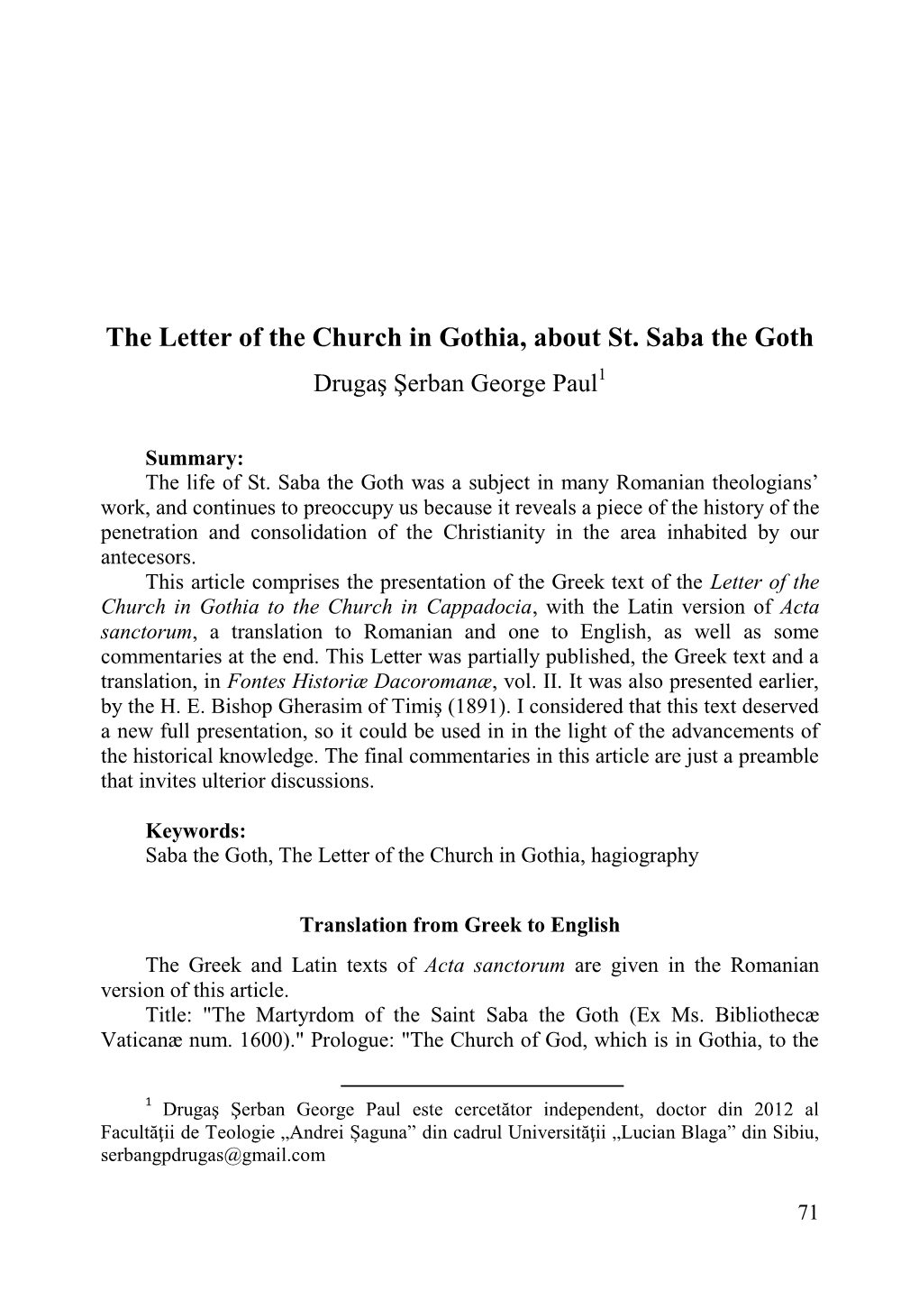 The Letter of the Church in Gothia, About St. Saba the Goth Drugaş Şerban George Paul1