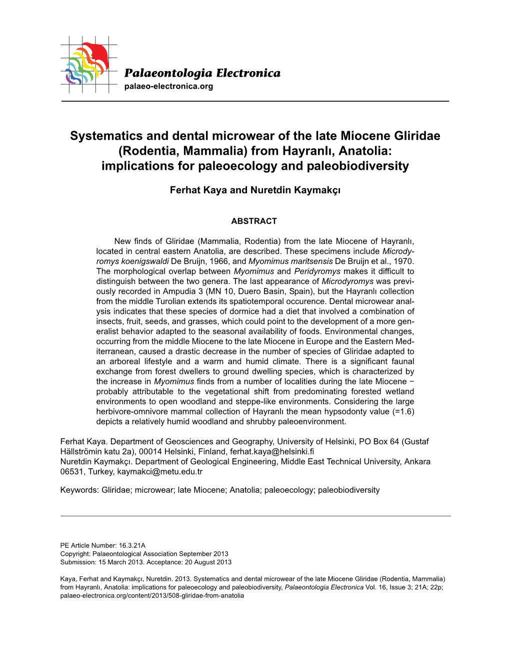 Rodentia, Mammalia) from Hayranlı, Anatolia: Implications for Paleoecology and Paleobiodiversity