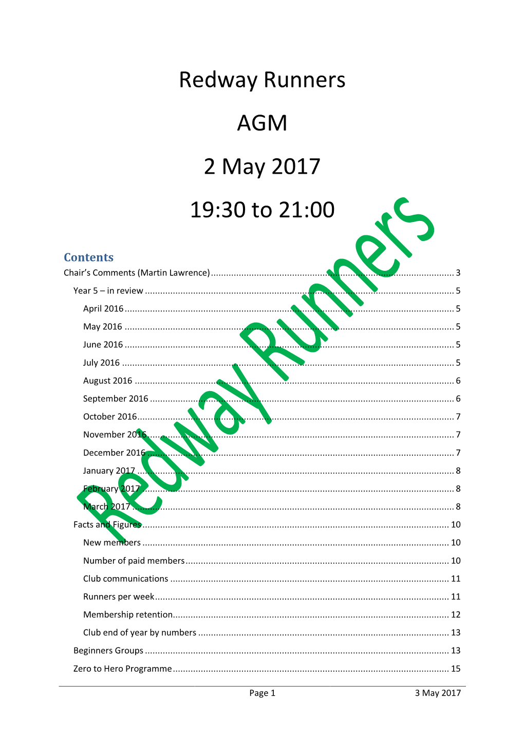 Redway Runners AGM 2 May 2017 19:30 to 21:00