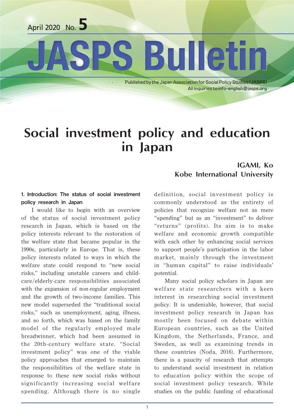 Social Investment Policy and Education in Japan