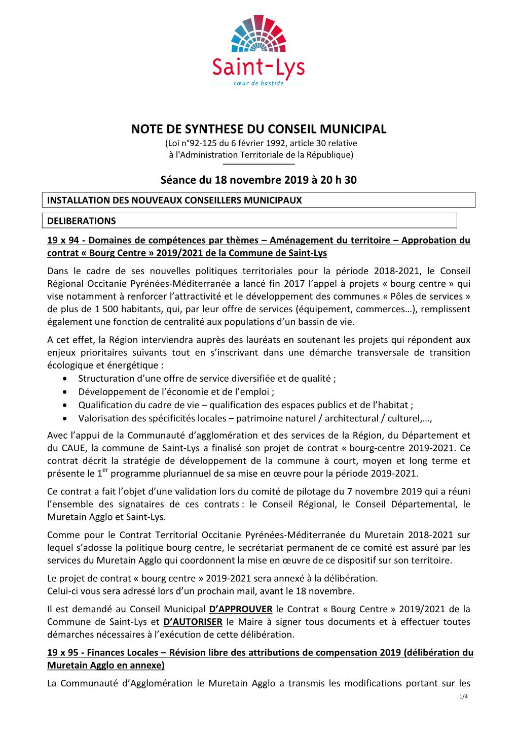 NOTE DE SYNTHESE DU CONSEIL MUNICIPAL (Loi N°92-125 Du 6 Février 1992, Article 30 Relative À L'administration Territoriale De La République)