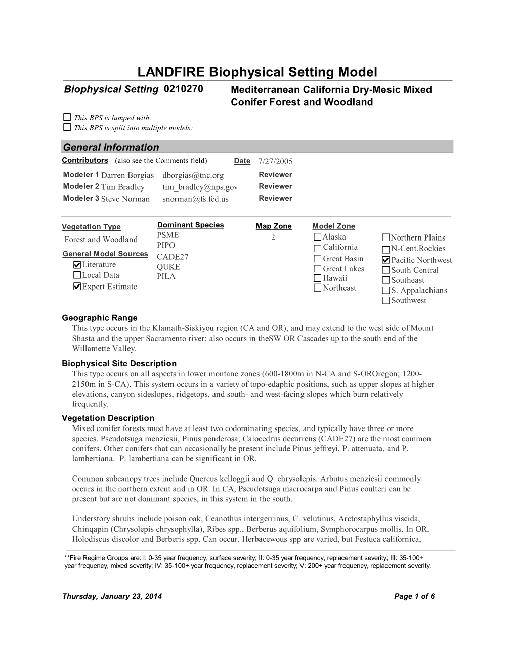 LANDFIRE Biophysical Setting Model