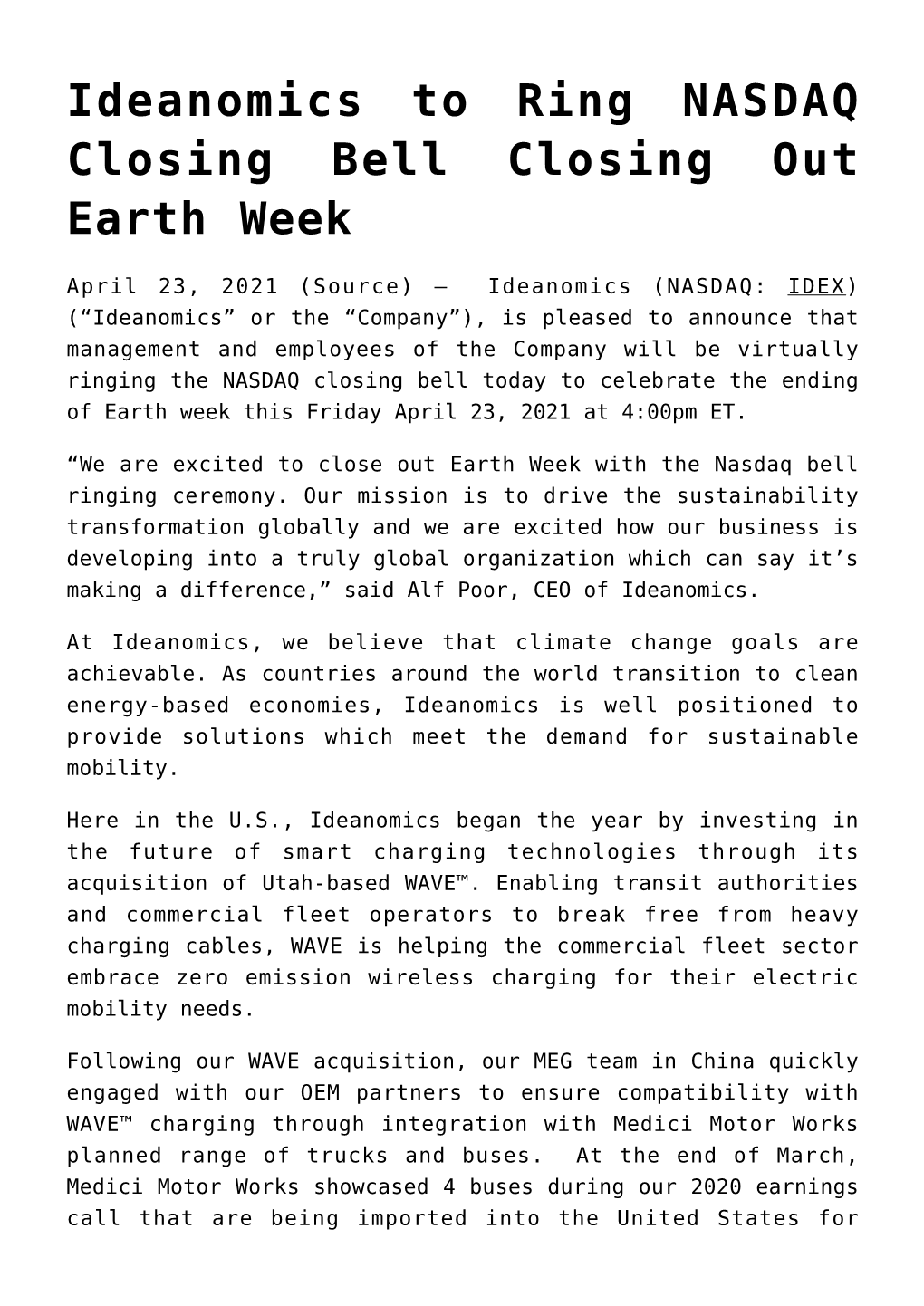 Ideanomics to Ring NASDAQ Closing Bell Closing out Earth Week