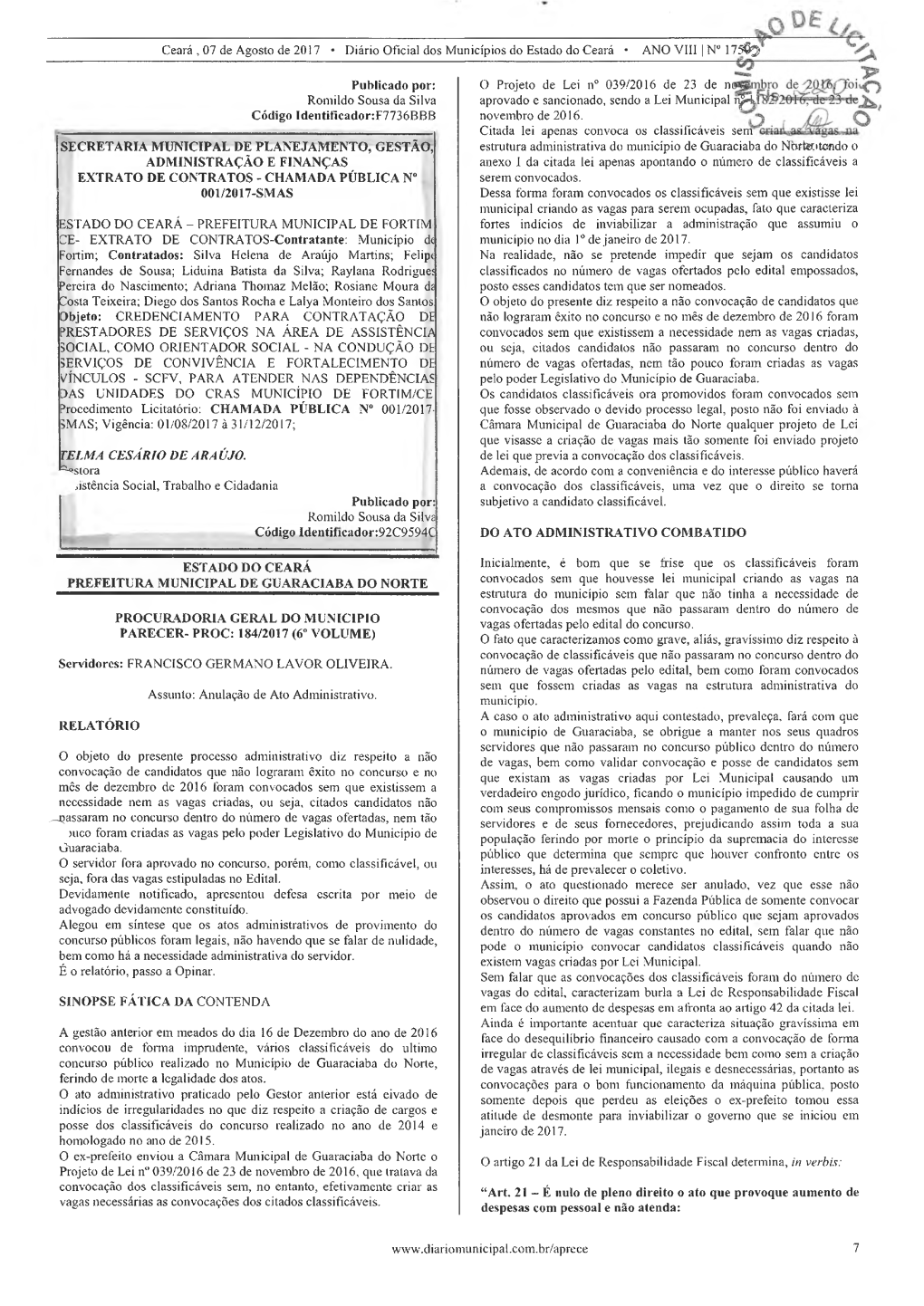 Ceará , 07 De Agosto De 2017 • Diário Oficial Dos Municípios Do Estado Do Ceará • ANO VIII | N° 175^9