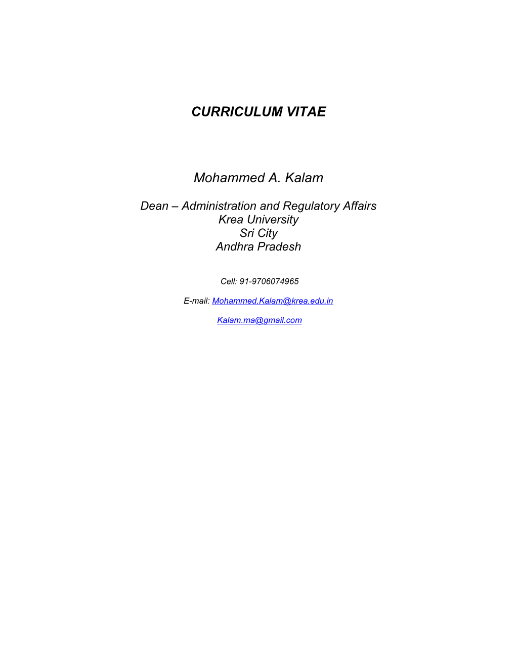 CURRICULUM VITAE Mohammed A. Kalam