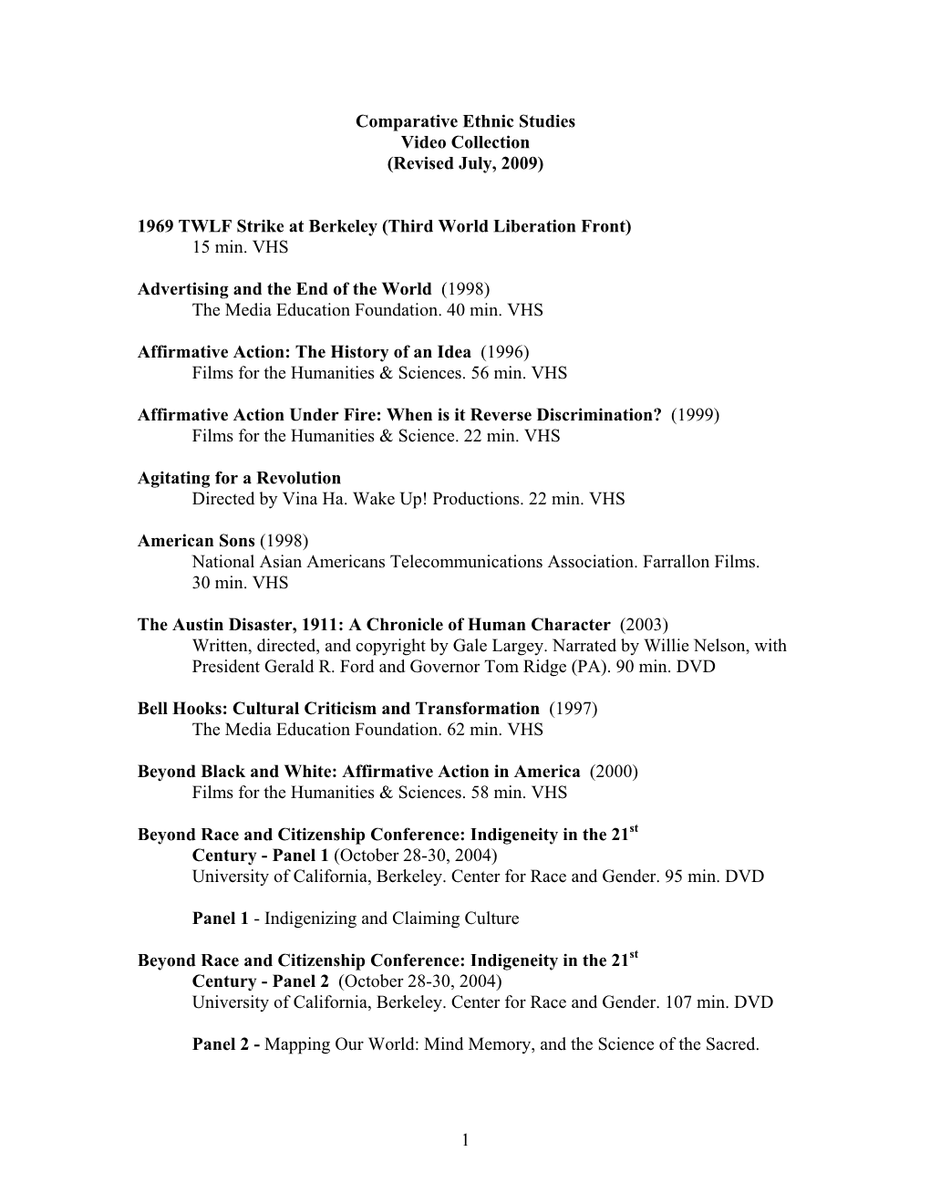 Comparative Ethnic Studies Video Collection (Revised July, 2009)