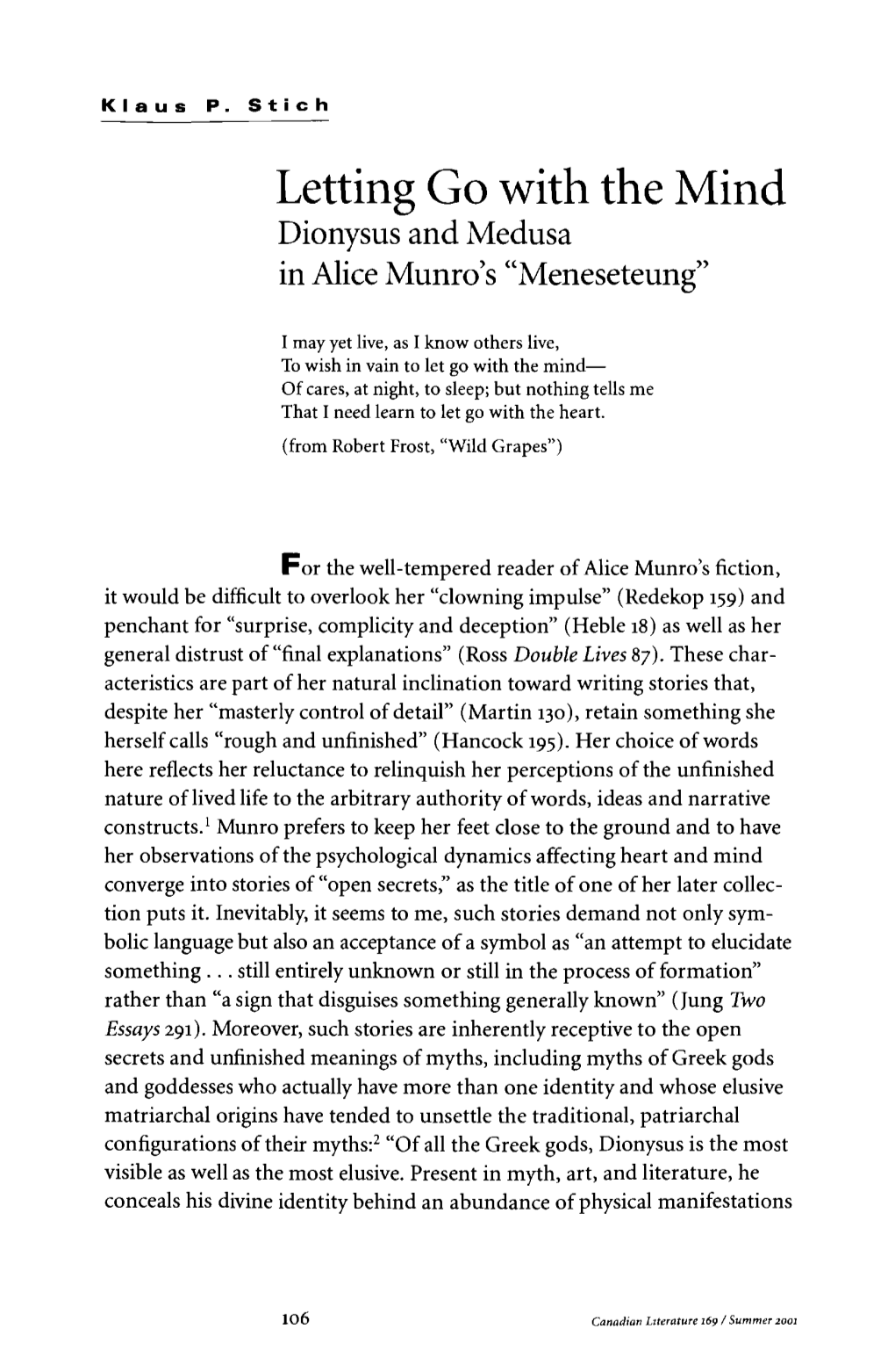 Letting Go with the Mind Dionysus and Medusa in Alice Munro's 