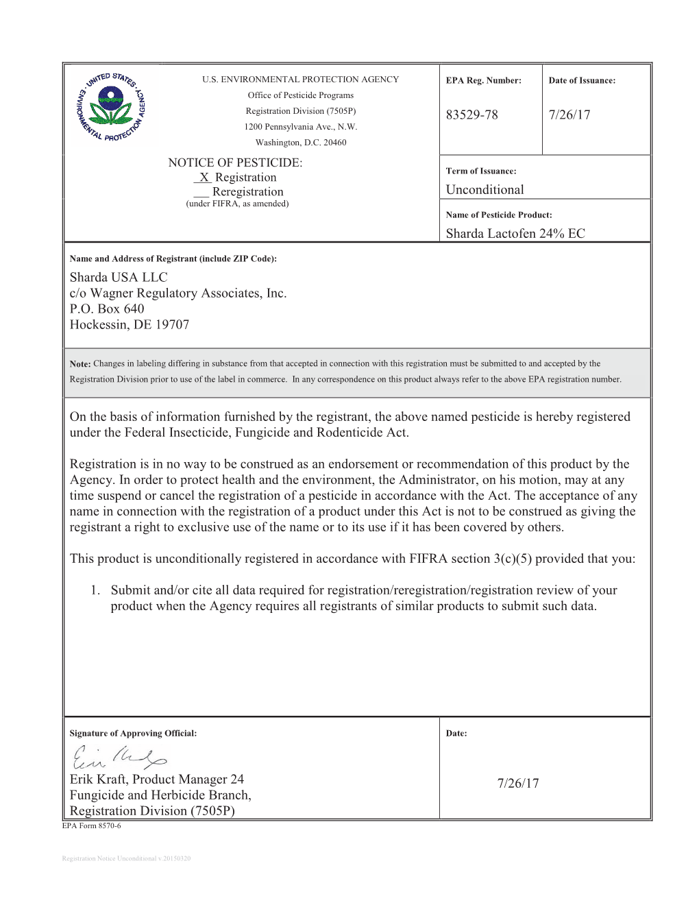 US EPA, Pesticide Product Label, Sharda Lactofen 24% EC,07/26/2017