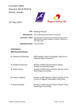 Euroregion Baltic Executive Board Meeting Kalmar, Sweden 14Th May