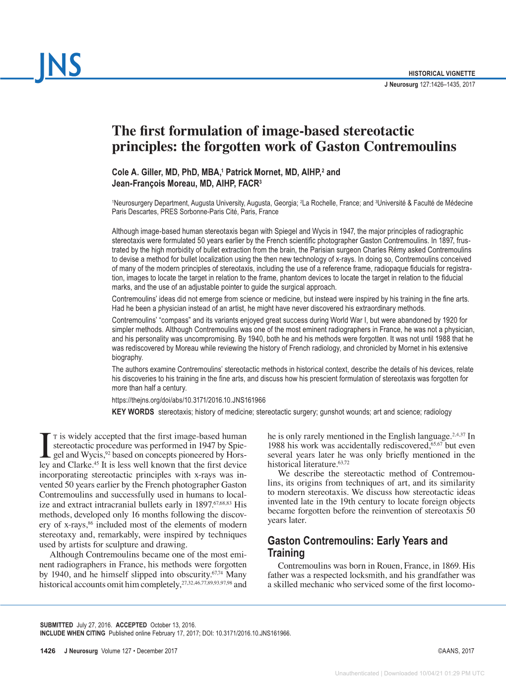 Downloaded 10/04/21 01:29 PM UTC History of Contremoulins’ Stereotaxis Tives