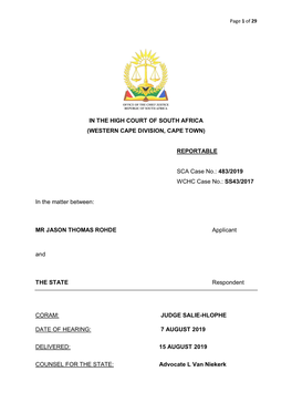 IN the HIGH COURT of SOUTH AFRICA (WESTERN CAPE DIVISION, CAPE TOWN) REPORTABLE SCA Case No.: 483/2019 WCHC Case No.: SS43/2017