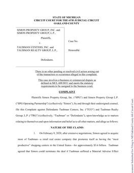 STATE of MICHIGAN CIRCUIT COURT for the 6TH JUDICIAL CIRCUIT OAKLAND COUNTY SIMON PROPERTY GROUP, INC. and SIMON PROPERTY GROUP