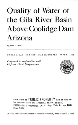 Quality of Water of the Gila River Basin Above Coolidge Dam Arizona