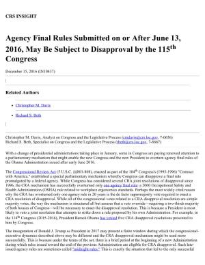 Agency Final Rules Submitted on Or After June 13, 2016, May Be Subject to Disapproval by the 115Th Congress