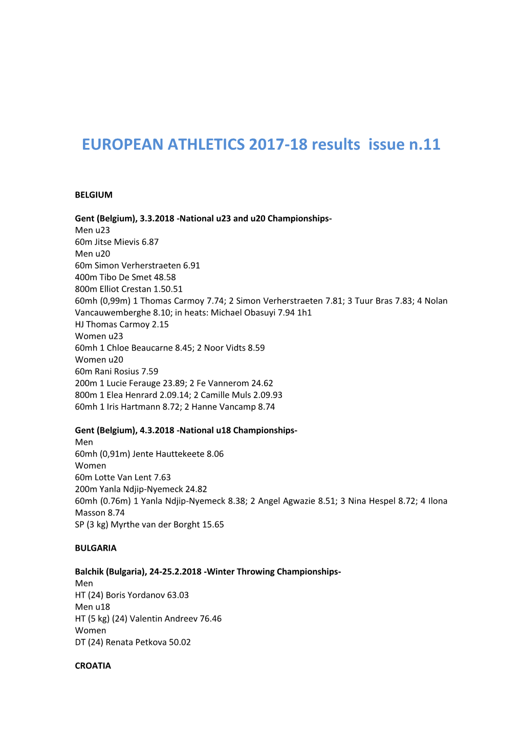 EUROPEAN ATHLETICS 2017-18 Results Issue N.11