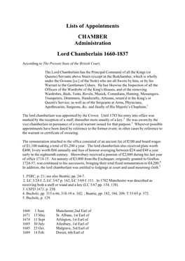 Lists of Appointments CHAMBER Administration Lord Chamberlain 1660-1837