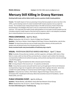 Mercury Still Killing in Grassy Narrows Shocking Health Study Confirms Native Health Concerns; Questions Health Canada Guidelines