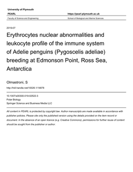 Erythrocytes Nuclear Abnormalities and Leukocyte Profile of the Immune System of Adelie Penguins (Pygoscelis Adeliae) Breeding at Edmonson Point, Ross Sea, Antarctica