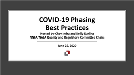 COVID-19 Phasing Best Practices Hosted by Chay Indra and Kelly Darling NNFA/NALA Quality and Regulatory Committee Chairs