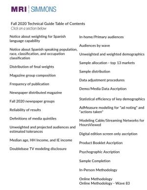 Technical Guide Table of Contents Click on a Section Below