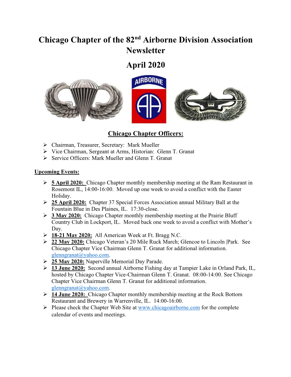 Chicago Chapter of the 82Nd Airborne Division Association Newsletter April 2020