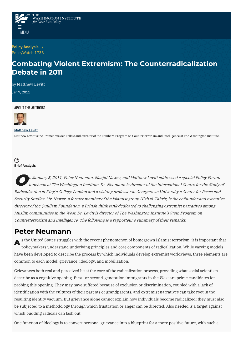 Combating Violent Extremism: the Counterradicalization Debate in 2011 | the Washington Institute