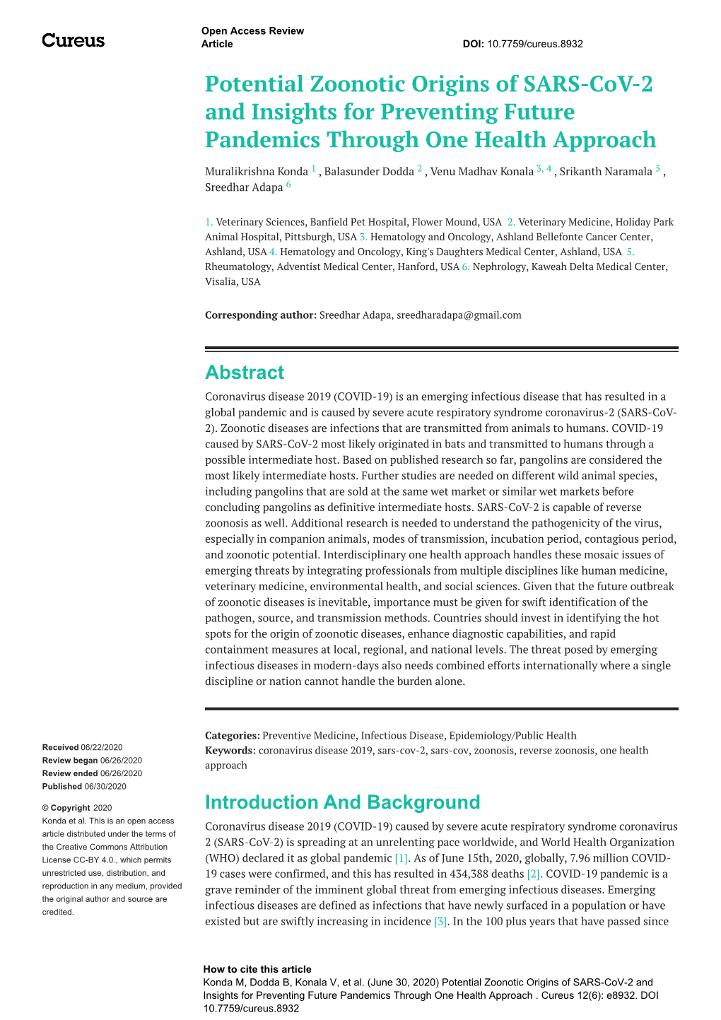 Potential Zoonotic Origins of SARS-Cov-2 and Insights for Preventing Future Pandemics Through One Health Approach