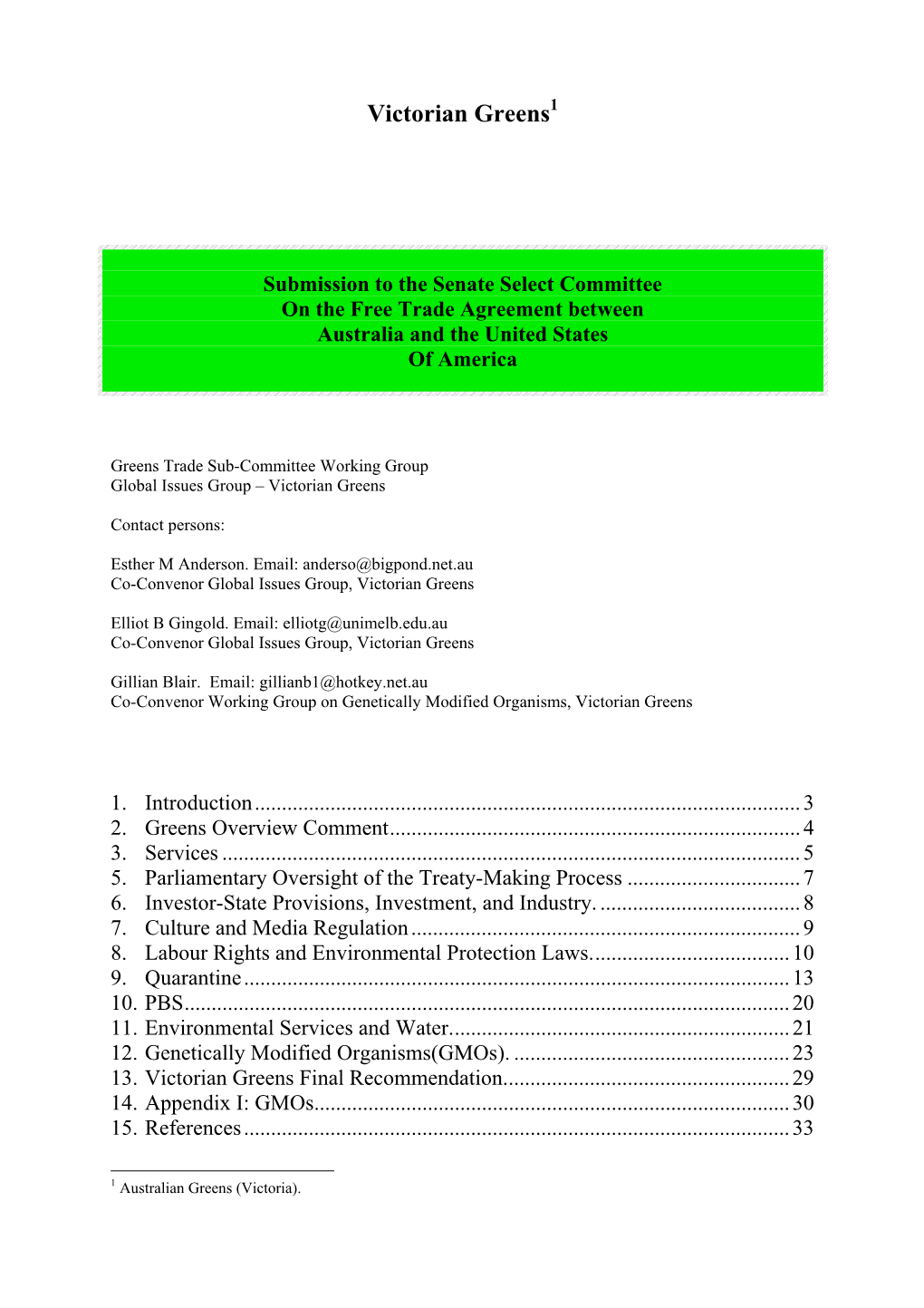 Submission to the Senate Select Committee on the Free Trade Agreement Between Australia and the United States of America