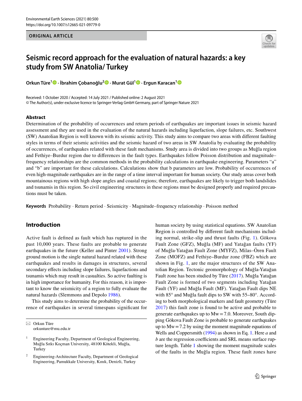 Seismic Record Approach for the Evaluation of Natural Hazards: a Key Study from SW Anatolia/ Turkey
