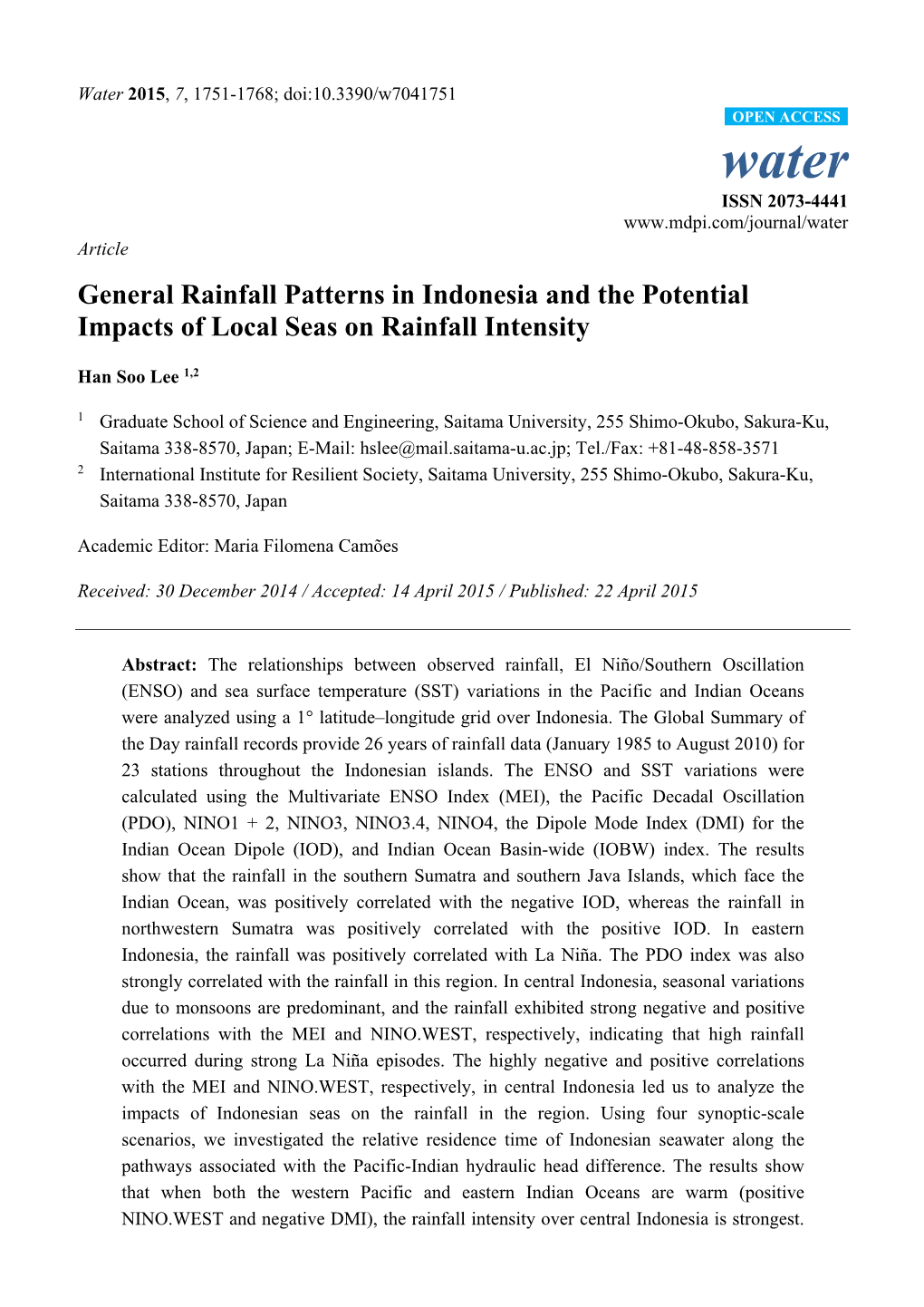 General Rainfall Patterns in Indonesia and the Potential Impacts of Local Seas on Rainfall Intensity