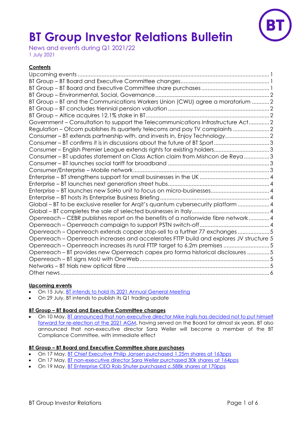 BT Investor Relations Bulletin