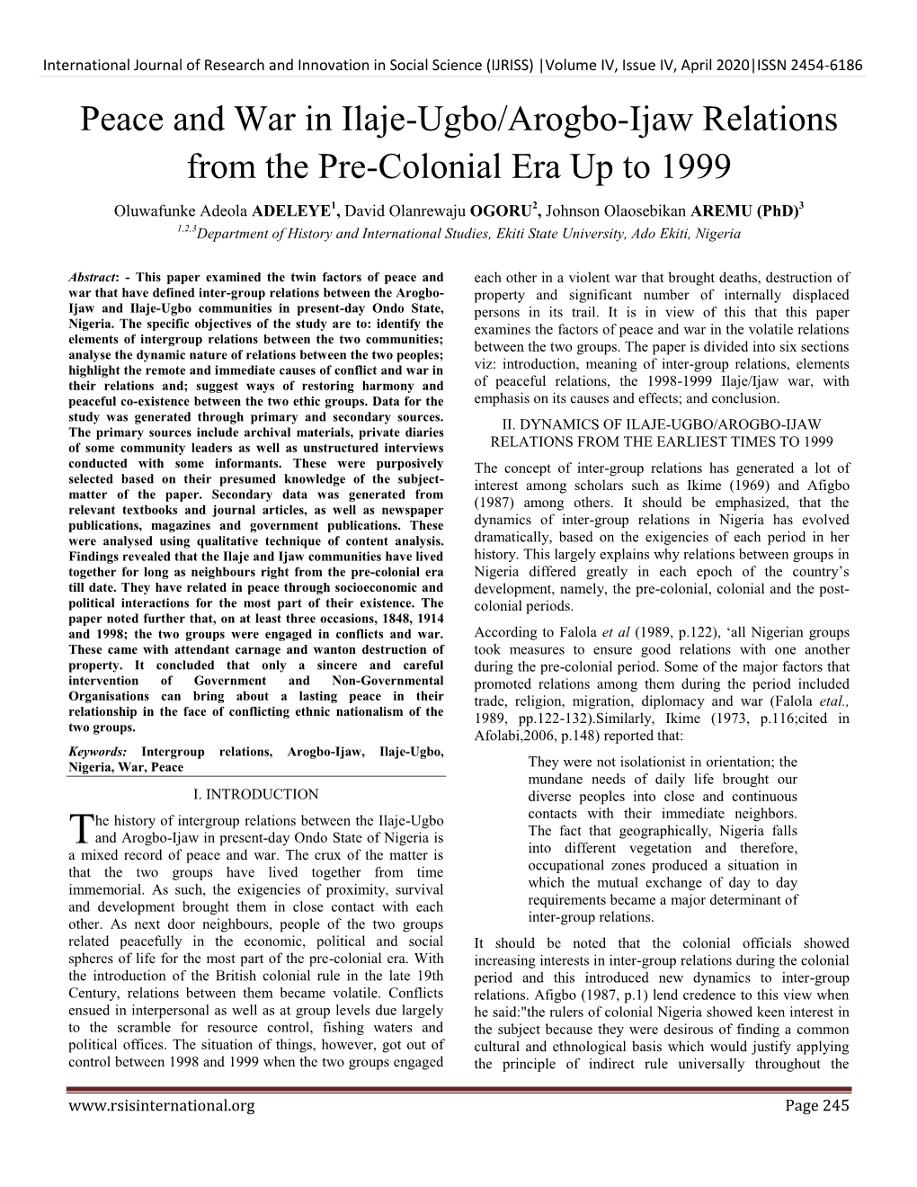 Peace and War in Ilaje-Ugbo/Arogbo-Ijaw Relations from the Pre-Colonial Era up to 1999