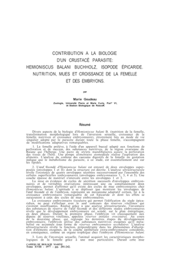 Contribution a La Biologie D'un Crustacé Parasite: Hemioniscus Balani Buchholz, Isopode Épicaride