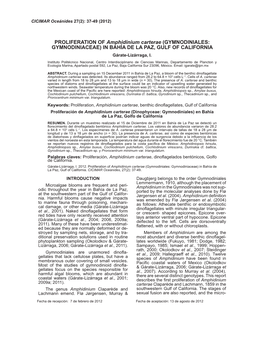 PROLIFERATION of Amphidinium Carterae (GYMNODINIALES: GYMNODINIACEAE) in BAHÍA DE LA PAZ, GULF of CALIFORNIA Gárate-Lizárraga, I