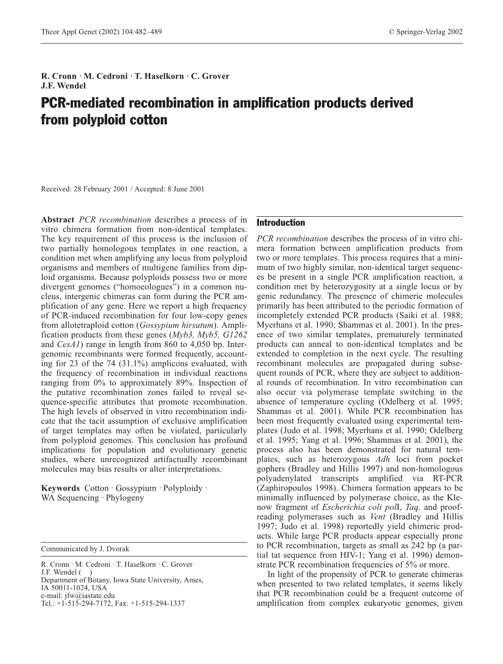 PCR-Mediated Recombination in Amplification Products Derived from Polyploid Cotton