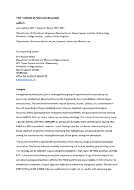 Title Treatment of Paroxysmal Dyskinesia Authors