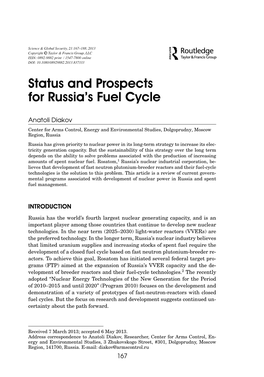 Status and Prospects for Russia's Fuel Cycle