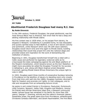 Abolitionist Frederick Douglass Had Many R.I. Ties