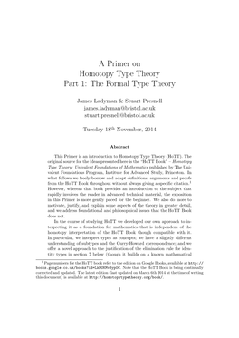 A Primer on Homotopy Type Theory Part 1: the Formal Type Theory